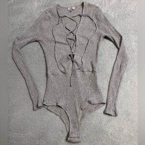 GREY LACE UP SNAP LONG SLEEVE BODY SUIT